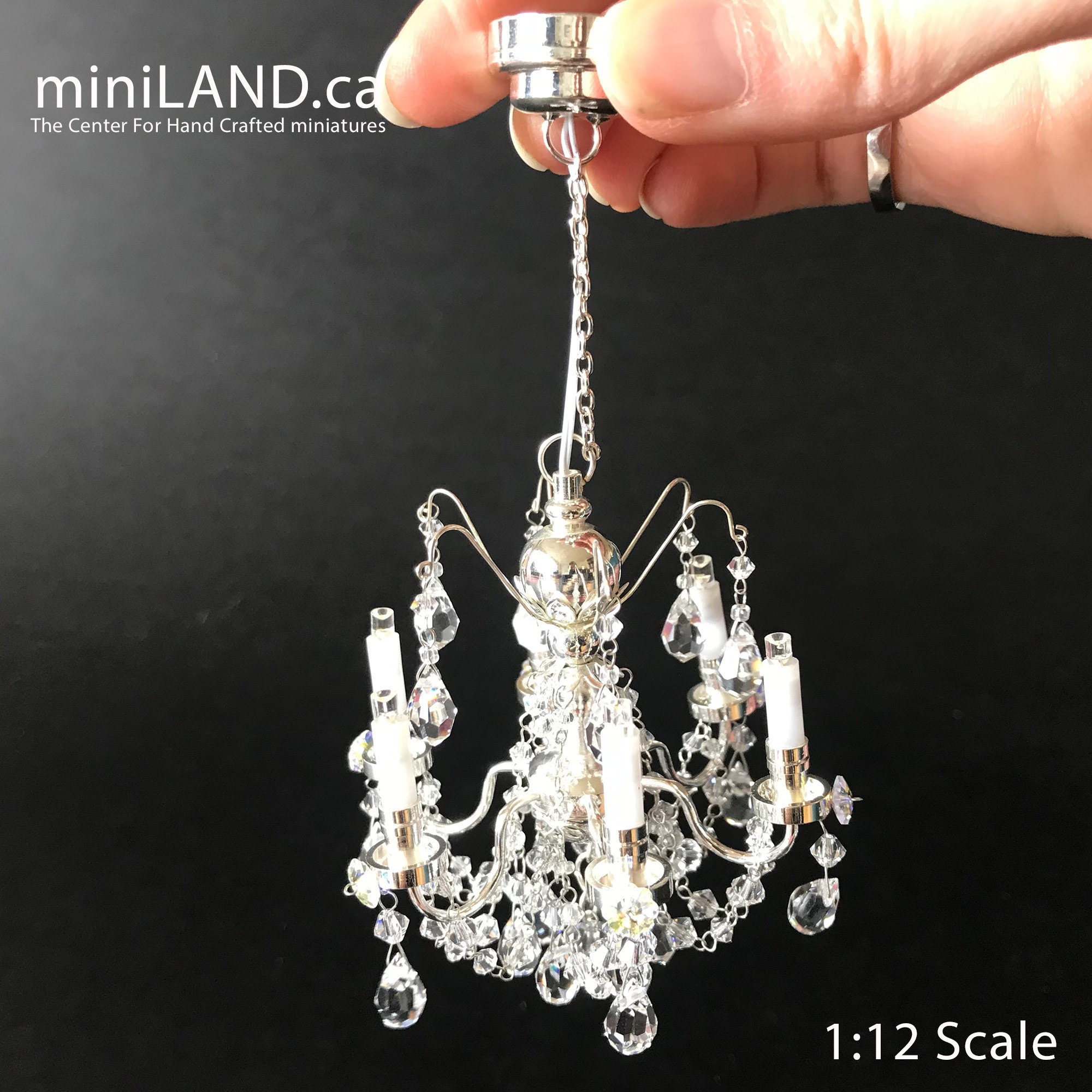 Miniature Battery Operated 6-Arm Brass and Crystal Chandelier [SUT