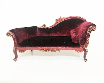 Victorian chaise lounge Sofa for dollhouse miniature 1:12 scale living room mahogany with gold Y2777 MHG