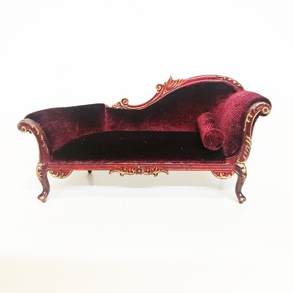 Chaise lounge victoriano Sofá para casa de muñecas miniatura a escala 1:12 salón caoba con oro Y2777 MHG