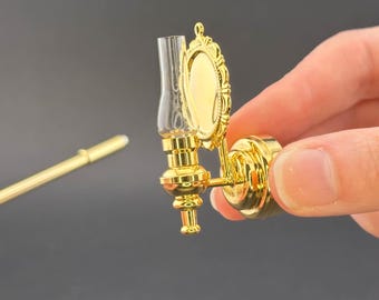 Miniature Touchless operation with Wand 1:12 Fancy Victorian wall sconce oil lamp LED light Dollhouse No-touch No-Switch Brass