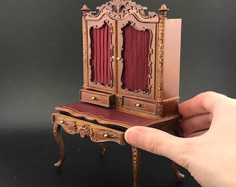 Victorian French SHOWCASE desk unit for 1:12 dollhouse miniature shelf shelving unit table drawers walnut bookcase V4083 WN