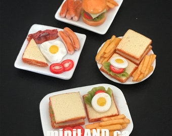 Handmade Full English Breakfast Plate Bacon Sausage bread  sandwich fries sausage Hamburger 1:12 scale dollhouse miniature food dish