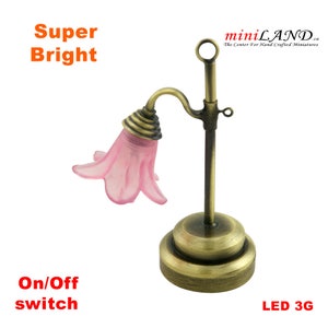 May include: A miniature brass table lamp with a pink glass shade. The lamp has an on/off switch and a 3G LED bulb.  The lamp is labeled "Super Bright" and "miniLAND.ca The Center For Hand Crafted Miniatures".