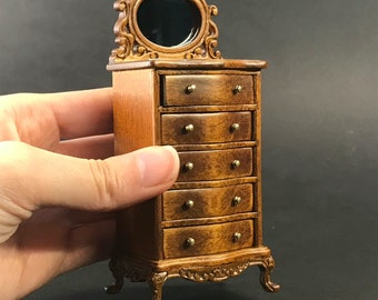 Tall Vanity chest commode Table dresser 1:12 dollhouse miniature drawers mirror wood WN