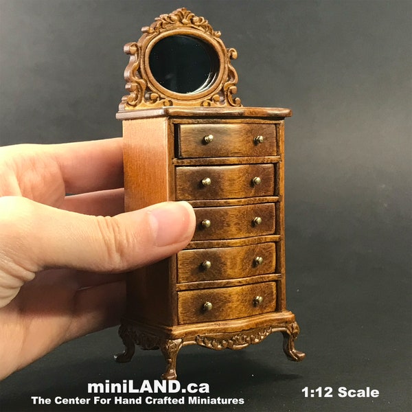 Tall Vanity chest commode Table dresser 1:12 dollhouse miniature drawers mirror wood WN