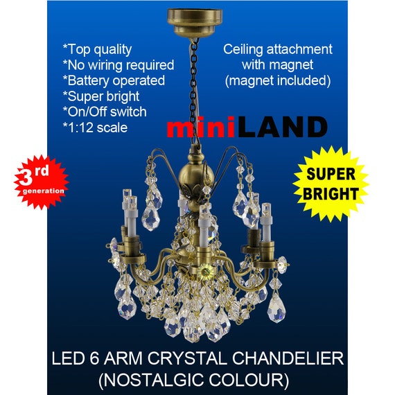 6 arms chandelier Bright battery LED LAMP Dollhouse miniature light 1:12 BRASS
