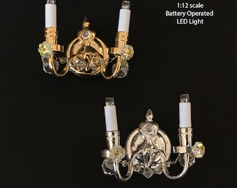 Crystal sconce candles candle regal decorated 2 arms LED LAMP Dollhouse miniature light battery on/off switch super bright