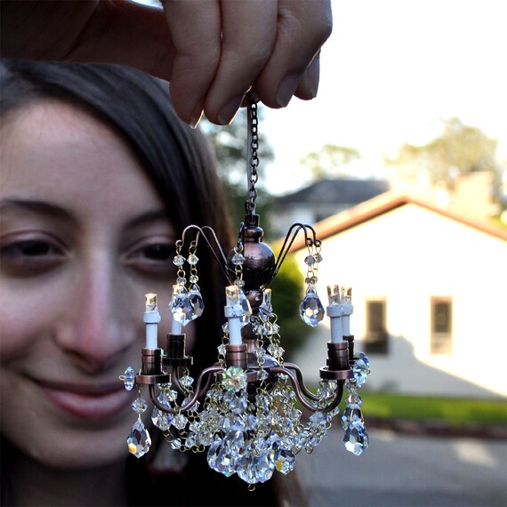 BLACK Crystal Chandelier 6arms battery LED LAMP Dollhouse miniature light switch