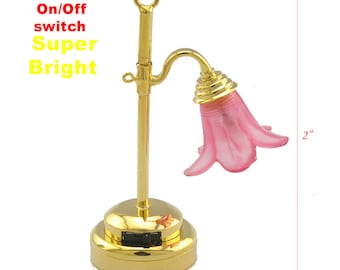 Brass Table Lamp tulip pink LED Super bright with On/off switch for 1:12 dollhouse miniature