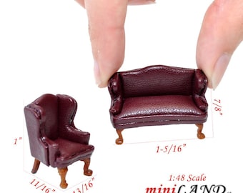 1:48 1/4" quarter scale Queen Anne Leather Sofa and wing chair set brown/red Top quality walnut for dollhouse miniature