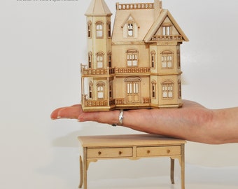 Mini Queen Anne style  Dollhouse for 1/12 dollhouse with table OAK 1:144 scale miniature house for 1/12 rooms back opening V4063 GO