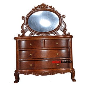 Vanity chest commode Table dresser 1:12 dollhouse miniature drawers mirror wood WN