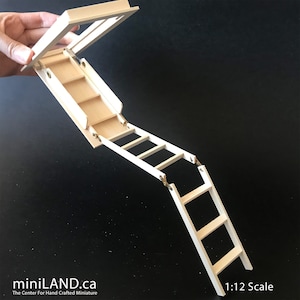 Attic folding ladder stairs dollhouse miniatures for 8"-11" ceiling height 1:12 scale -working attic access door