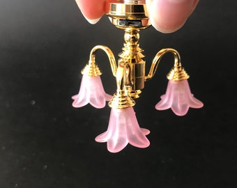 3 Arm brass pink flower tulip chandelier LED Super bright with on/off switch for 1:12 scale dollhouse miniatures