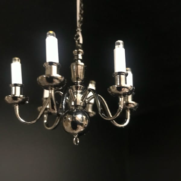 Gunmetal Black Chandelier 6 arms LED LAMP Dollhouse miniature light battery on/off candles 1:12 super bright