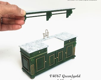 Vintage Green with gold trimming Victorian quality Kitchen sink unit counter with shelf metal sink top 1:12 dollhouse miniature