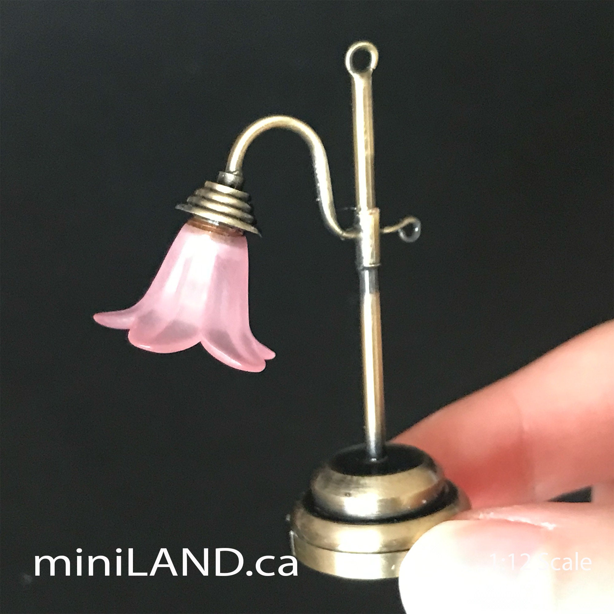 Brass Table Lamp tulip pink LED Super bright with Onoff switch for 1:12 dollhouse miniature