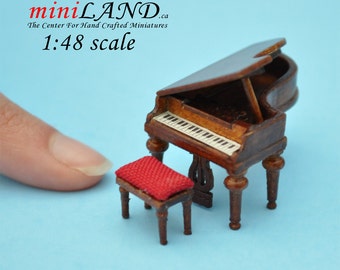 1:48 1/4"  Piano with stool WALNUT 1/48 Top Quality dollhouse miniature grand piano Q3600 WN