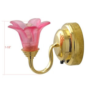 Brass Wall sconce pink tulip flower shade LED Super bright with On/off switch for Dollhouse miniature 1:12 scale