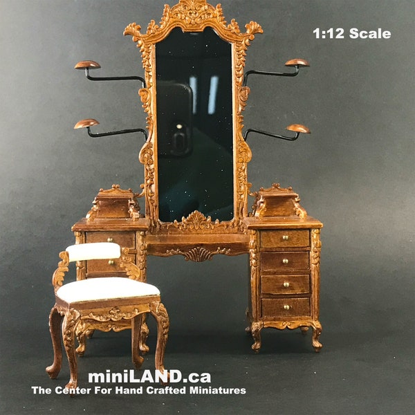 Fine Quality Dresser with hats stands ans stool walnut 1:12 scale vanity mirror