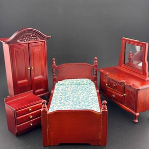 Victorian Miniature bedroom suite Economy 4pcs bed dresser bedstand mirror wardrobe 1:12 scale dollhouses miniature Mahogany wood