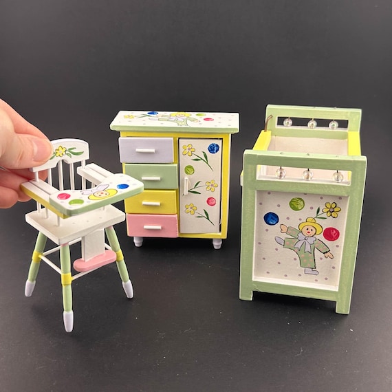 Nursery Baby Miniature Set 3pcs Cradle Highchair Dresser Flowers Decoration  for 1:12 Scale Dollhouse Economic - Etsy