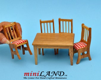 5 pcs country style Kitchen table with chairs oak dollhouse miniature 1:12 for minis plaid cushion set TableOak