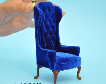 Luxurious Elegant Quality Tall Wingback Chair Royal Blue Velvet for dollhouse miniature 1:12 scale V4047 WN BL