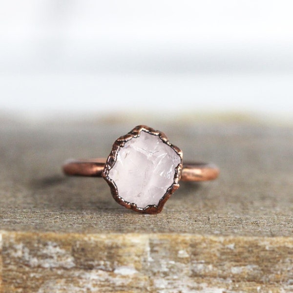 Rose Quartz Ring - Crystal Ring - Raw Pink Crystal - Electroformed Copper Ring