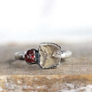 Raw Smoky Quartz Ring - Double Stone - Raw Garnet - Pure Silver Jewelry