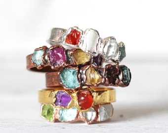 Raw Birthstone Ring - Personalized Gift for Mom - Multi Stone Crystal Ring - Mother's Day Ring