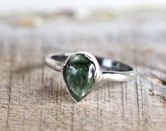 Seraphinite Ring - Stone Stacking Ring - Green Stone - Teardrop Stone Ring