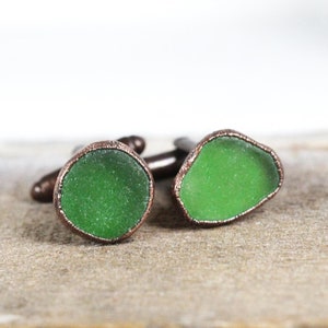 Beach Glass Cufflinks - Gift for Dad - Green Seaglass Cuff Links