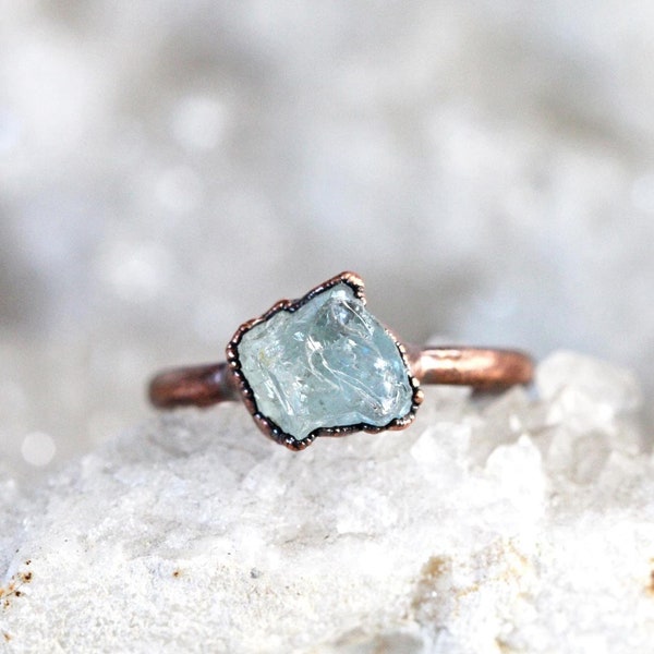 Raw Aquamarine Ring -  Electroformed Jewelry - Rose Gold Plated