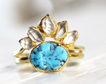 Wedding Ring Set - Turquoise Wedding Set - Herkimer Engagement Ring