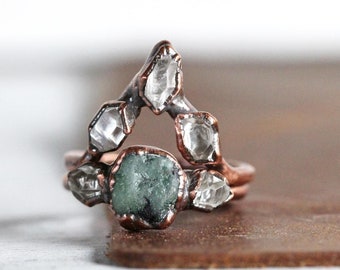 Emerald Wedding Ring Set - Size 6 1/2 - Herkimer Diamond Engagement Ring - Raw Stone Ring Set