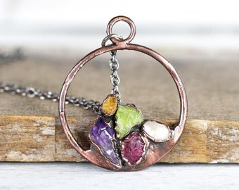 Personalized Mothers Day Necklace - Circle Necklace - Raw Stone Cluster Pendant - Birthstone Necklace
