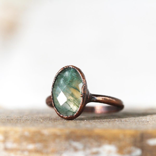 Moss Agate Ring - Faceted Oval Stone - Electroformed Jewelry