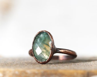 Moss Agate Ring - Faceted Oval Stone - Electroformed Jewelry