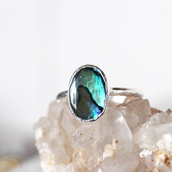 Abalone Ring - Silver Shell Ring - Paua Beach Jewelry - Raw Shell Jewelry - Copper Ring