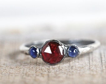 Garnet Ring - January Birthstone Jewelry - Sapphire and Garnet - Faceted Crystal Ring