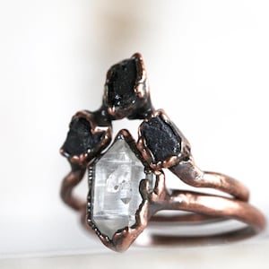 Black Tourmaline Ring Set - Chevron Wedding Set - Raw Stone Engagement Ring