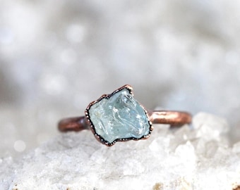 Raw Aquamarine Ring -  Electroformed Jewelry - Rose Gold Plated