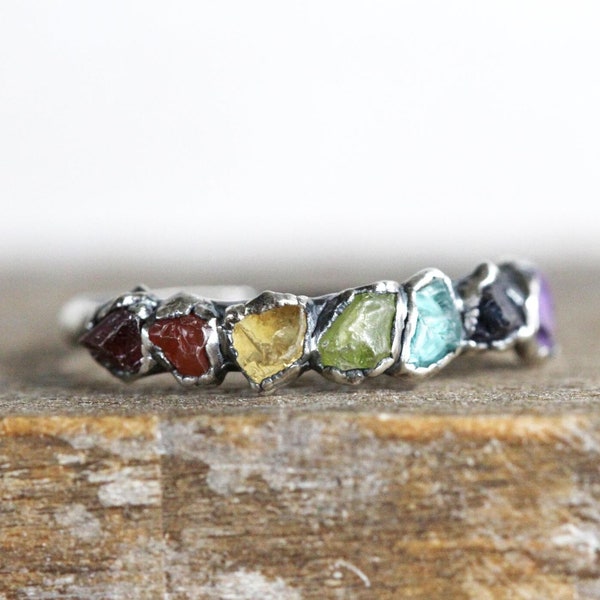 Rainbow Ring - Chakra - Yoga Jewelry - Raw Stone Chakra Ring