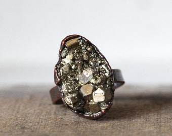 Pyrite Ring - Size 7 3/4 - Large Raw Stone - Metallic Stone