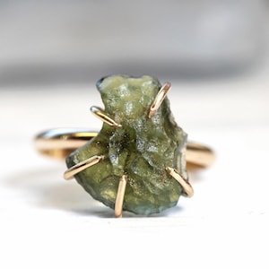 Raw Moldavite Ring - Genuine Moldavite Ring - Gold Filled Crystal Ring - Raw Stone and Gold Ring