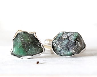 Emerald Cuff Links - Groomsmen Gift - Raw Stone Jewelry for Men