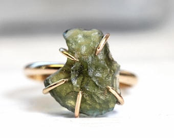 Raw Moldavite Ring - Genuine Moldavite - Gold Filled
