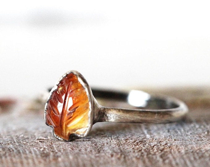 Featured listing image: Citrine Leaf Ring - Carved Stone Leaf - Crystal Ring - November Birthstone Jewelry