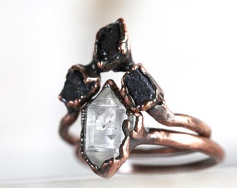 Black Tourmaline Ring Set - Chevron Wedding Set - Raw Stone Engagement Ring